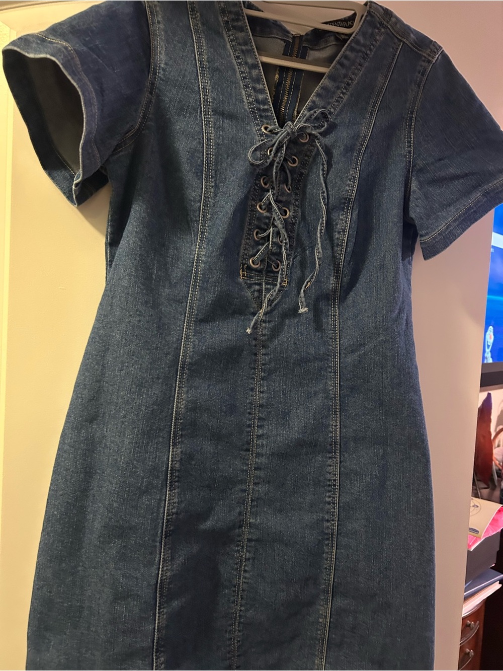 Lace-Up V-Neck Casual Denim Dress - Blue